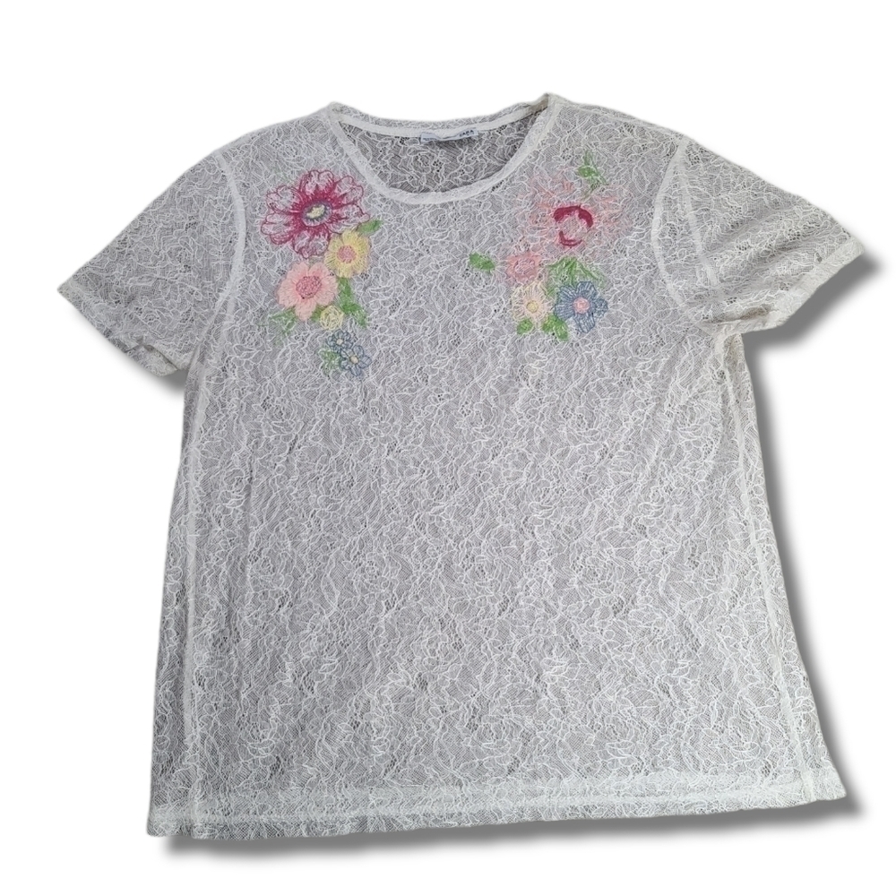 ZARA White W/B Lace Sheer Embroidered Top